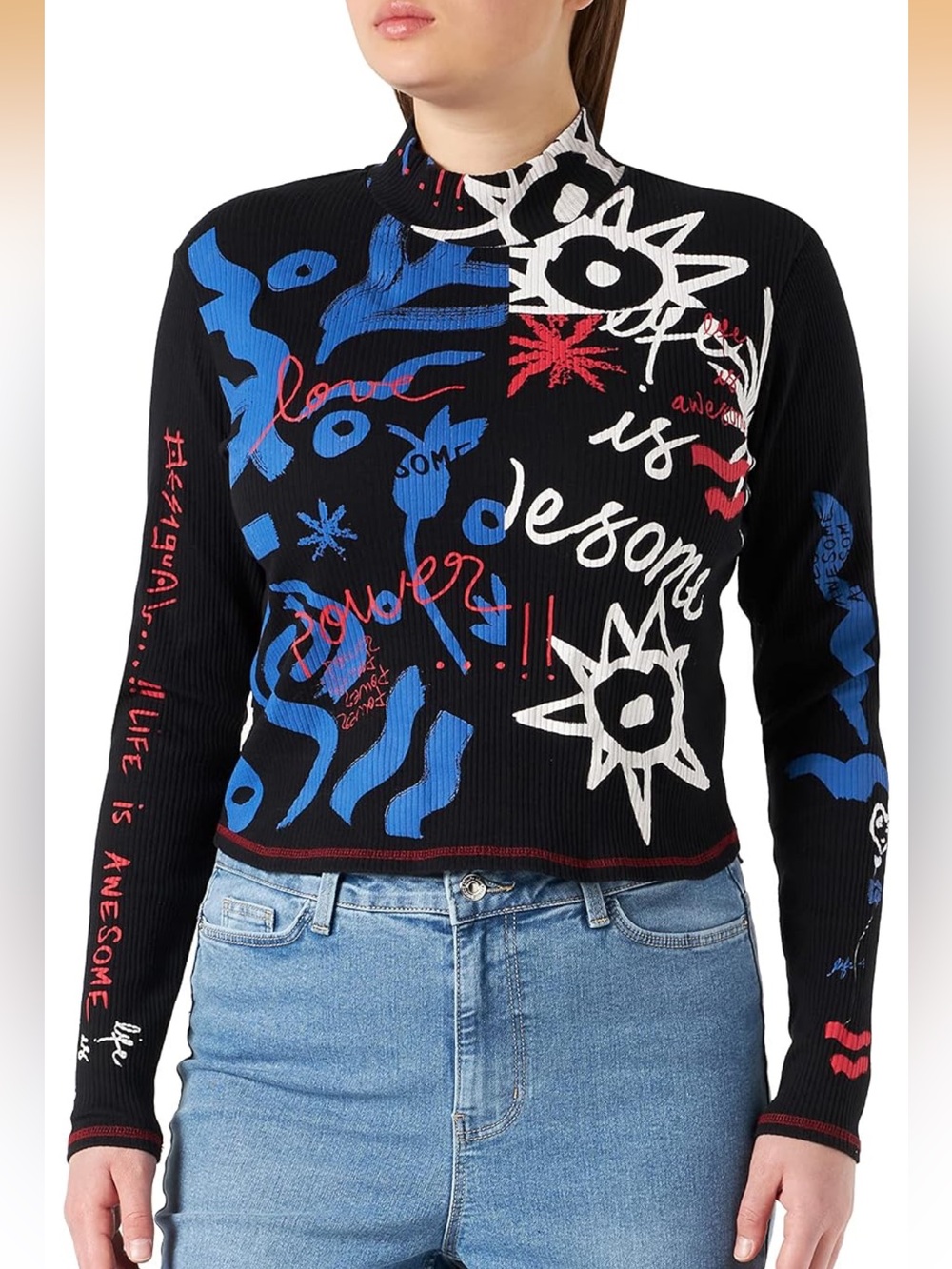 Desigual Cotton Blend Ribbed Black Graffiti Long Sleeve Mock Neck Chloe Top Sz L